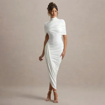 Women Fashion Sexy Elegant Solid Color Sleeveless Backless Slim Fit Pleated Dress
