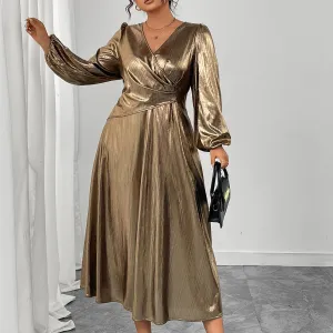 Women Plus Size V-Neck Lantern Sleeve Long Dress Solid Color