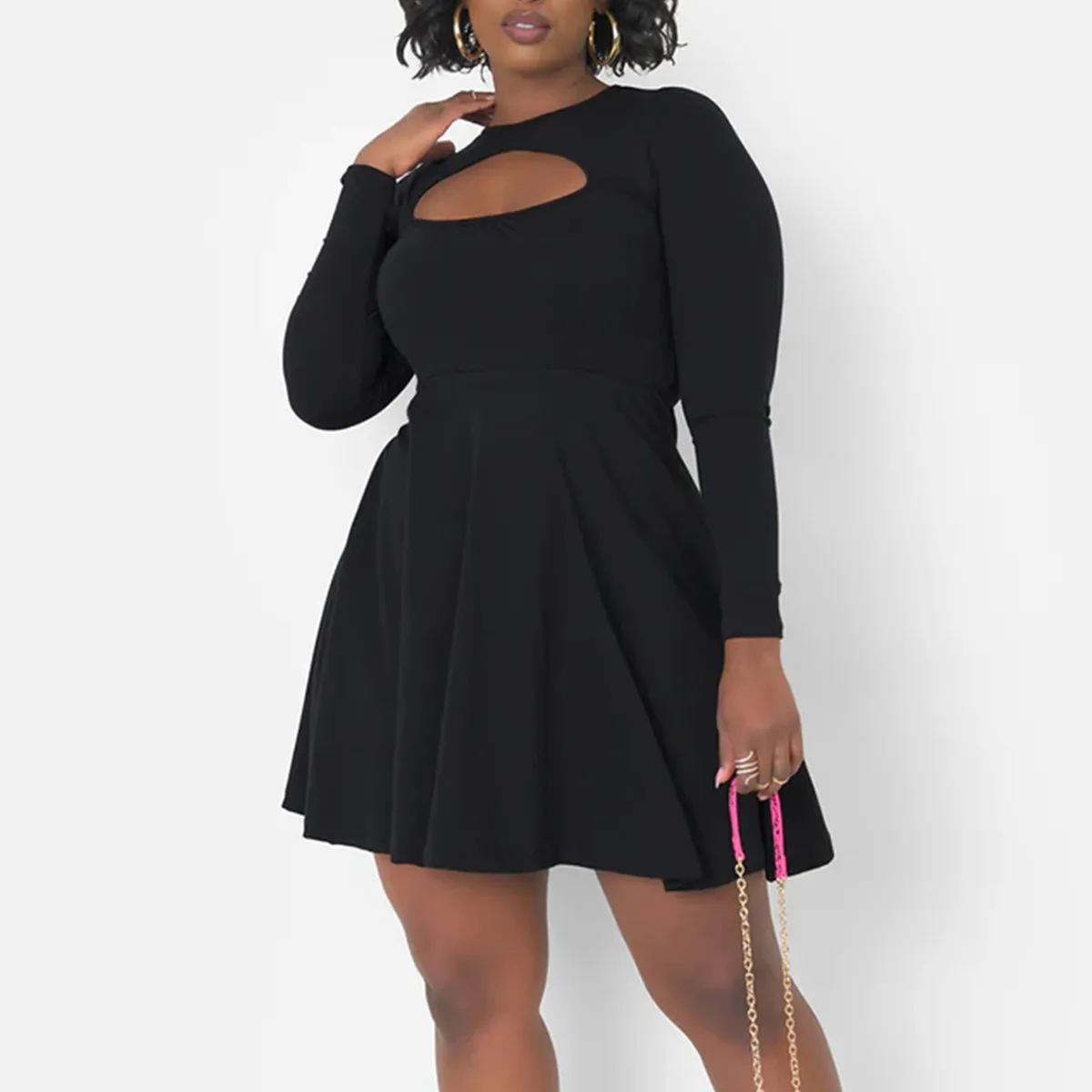 Women Plus Size Sexy Hollow-Out Solid Color Long-Sleeve A-Line Dress