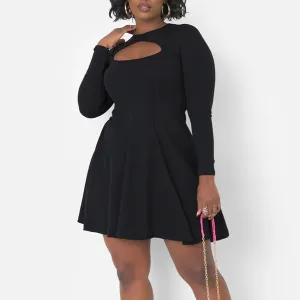 Women Plus Size Sexy Hollow-Out Solid Color Long-Sleeve A-Line Dress