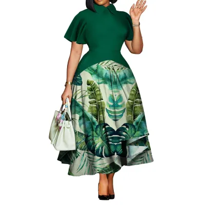 Women Fashion Elegant Plus Size Printed Lapel Ruffle Sleeve Large Swing Dress