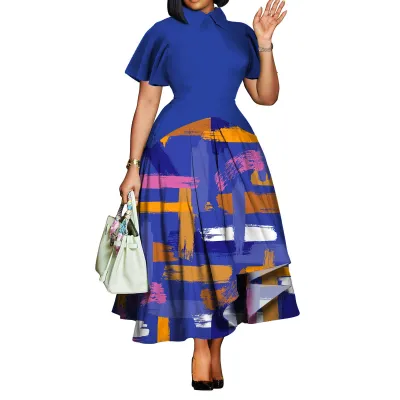 Women Fashion Elegant Plus Size Printed Lapel Ruffle Sleeve Large Swing Dress