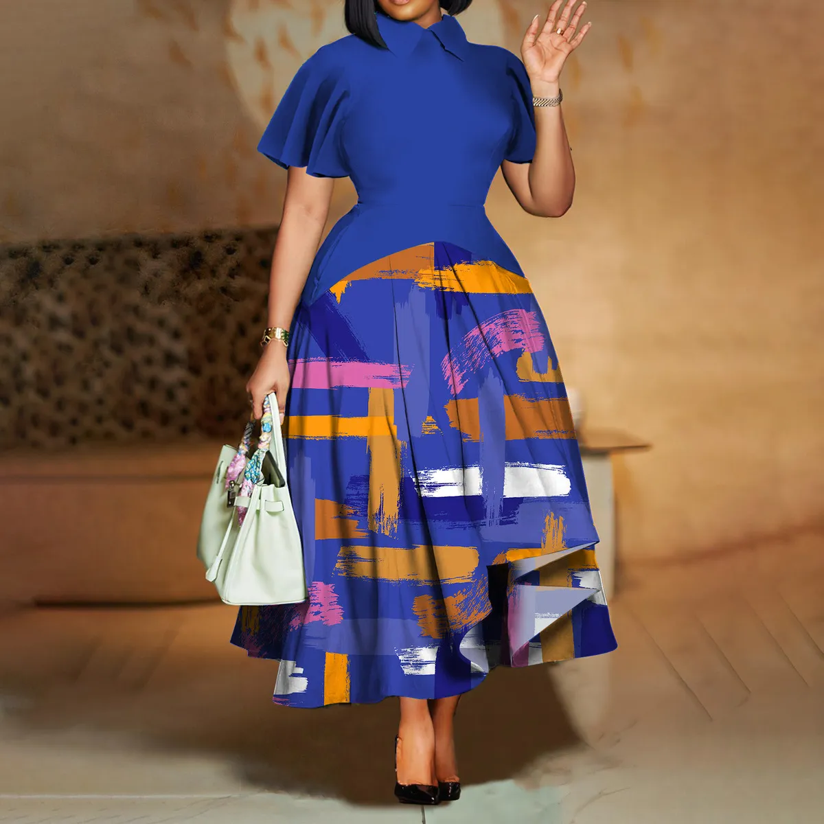 Women Fashion Elegant Plus Size Printed Lapel Ruffle Sleeve Large Swing Dress
