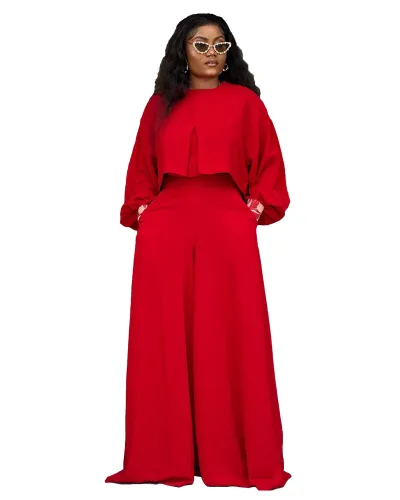 Women Plus Size Casual Solid Color Round Neck Irregular Lantern Sleeve Top Loose Wide Leg Pants Two-Piece Set