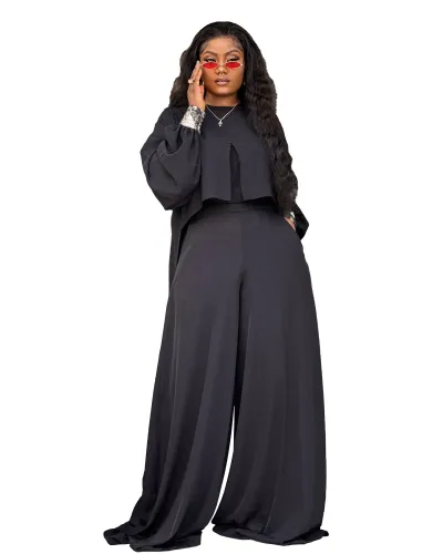 Women Plus Size Casual Solid Color Round Neck Irregular Lantern Sleeve Top Loose Wide Leg Pants Two-Piece Set