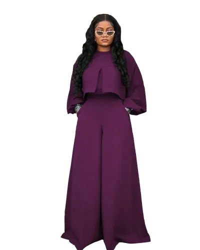 Women Plus Size Casual Solid Color Round Neck Irregular Lantern Sleeve Top Loose Wide Leg Pants Two-Piece Set