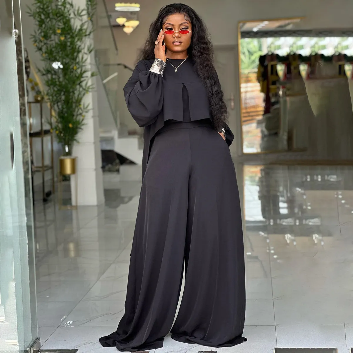 Women Plus Size Casual Solid Color Round Neck Irregular Lantern Sleeve Top Loose Wide Leg Pants Two-Piece Set