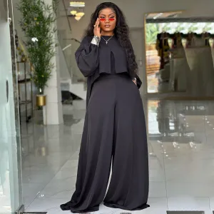 Women Plus Size Casual Solid Color Round Neck Irregular Lantern Sleeve Top Loose Wide Leg Pants Two-Piece Set