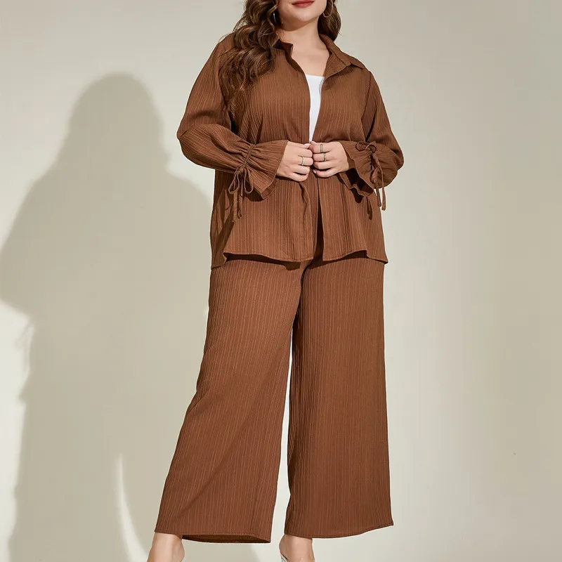 Women Plus Size Casual Solid Color Lapel Long-Sleeve Loose Blouse Wide-Leg Pants Two-Piece Set