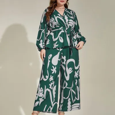 Women Plus Size Casual Printed V-Neck Long-Sleeve Top Loose Pants Two-Piece Set