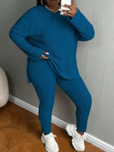Women Plus Size Casual Solid Color V-Neck Long-Sleeve Hoodies Tight Pants 2-Piece Set