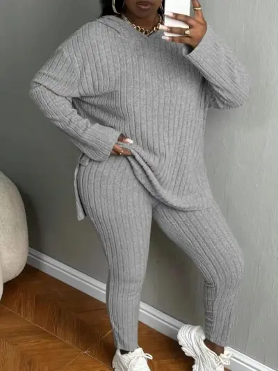 Women Plus Size Casual Solid Color V-Neck Long-Sleeve Hoodies Tight Pants 2-Piece Set
