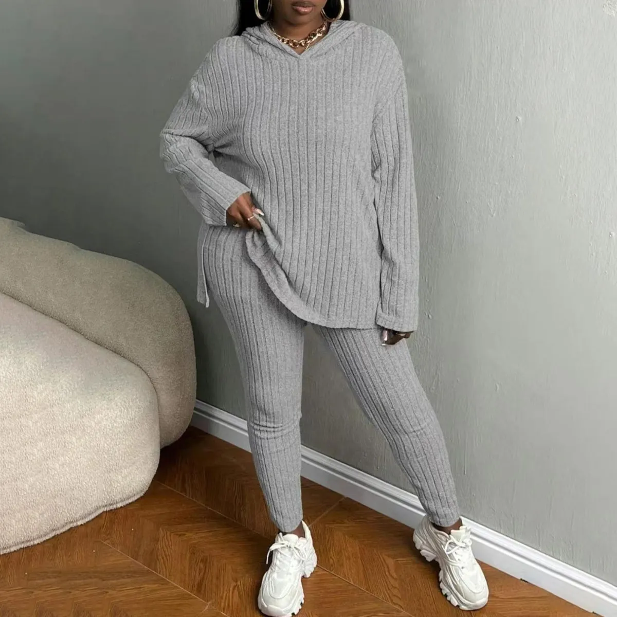 Women Plus Size Casual Solid Color V-Neck Long-Sleeve Hoodies Tight Pants 2-Piece Set