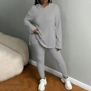 Women Plus Size Casual Solid Color V-Neck Long-Sleeve Hoodies Tight Pants 2-Piece Set