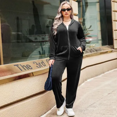 Women Plus Size Casual Solid Color Autumn Winter Hoodies Loose Pants Two-Piece Set