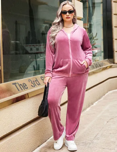 Women Plus Size Casual Solid Color Autumn Winter Hoodies Loose Pants Two-Piece Set