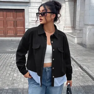Women Fashion Casual Plus Size Stripe Stitching Lapel Long-Sleeve Jacket