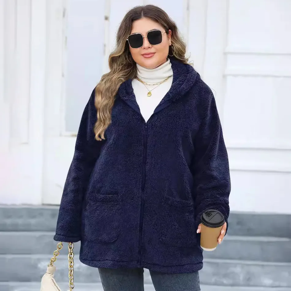 Women Casual Plus Size Hooded Plush Coat - Autumn Winter Solid Color Long Sleeve Outerwear