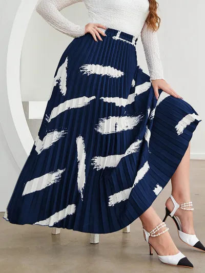 Women Plus Size High Waist Pleated A-Line Skirt with Irregular Contrast Color Print