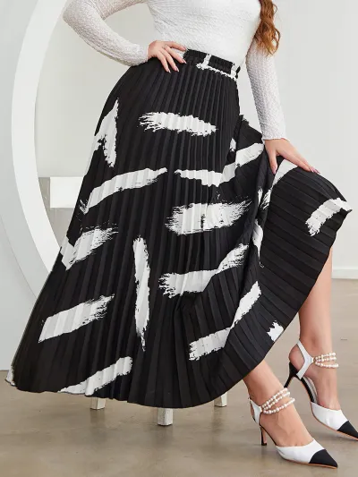Women Plus Size High Waist Pleated A-Line Skirt with Irregular Contrast Color Print