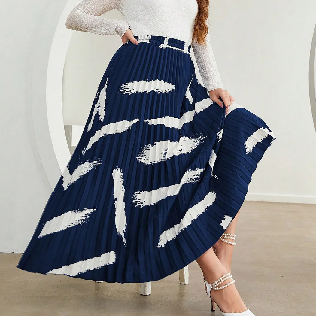Women Plus Size High Waist Pleated A-Line Skirt with Irregular Contrast Color Print
