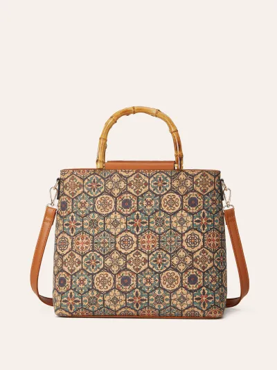 Women Fashion Retro Ethnic Style Cork Printed Large Capacity Handbag Tote Bag