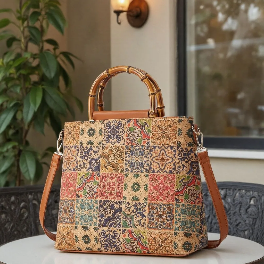 Women Fashion Retro Ethnic Style Cork Printed Large Capacity Handbag Tote Bag