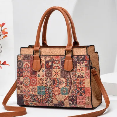 Women Fashion Retro Ethnic Style Printed Large Capacity HandBag PU Zipper