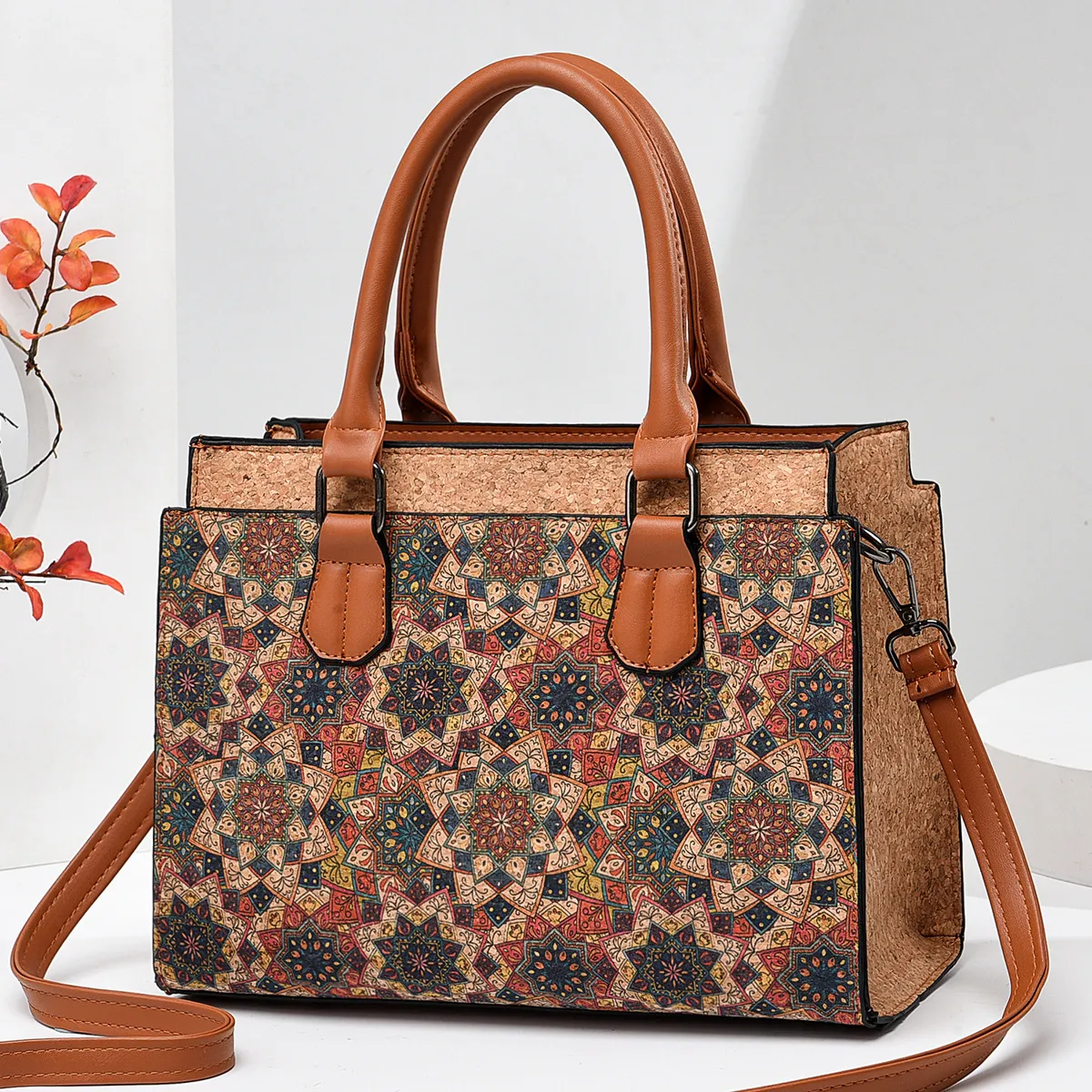 Women Fashion Retro Ethnic Style Printed Large Capacity HandBag PU Zipper