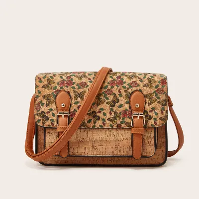 Women Fashion Ethnic Style Cork Printed Large Capacity Box Shoulder Bag with Zipper