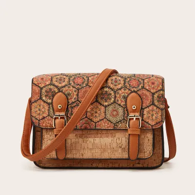 Women Fashion Ethnic Style Cork Printed Large Capacity Box Shoulder Bag with Zipper