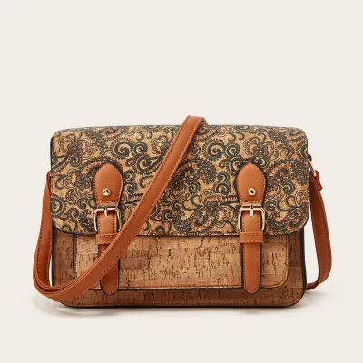 Women Fashion Ethnic Style Cork Printed Large Capacity Box Shoulder Bag with Zipper