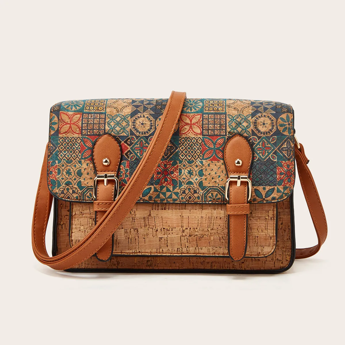 Women Fashion Ethnic Style Cork Printed Large Capacity Box Shoulder Bag with Zipper