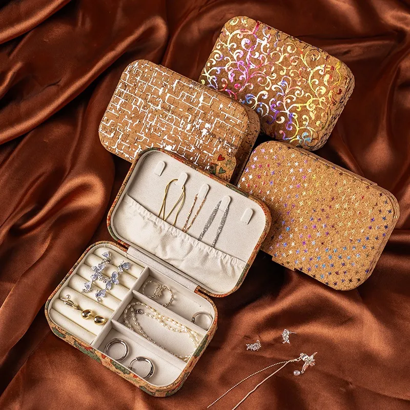 Women Fashion Ethnic Style Printed Cork Portable Jewelry Storage Box