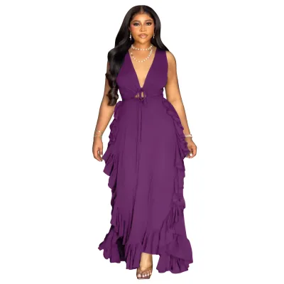 Women Plus Size Sexy Ruffled Sleeveless V-Neck Long Dress