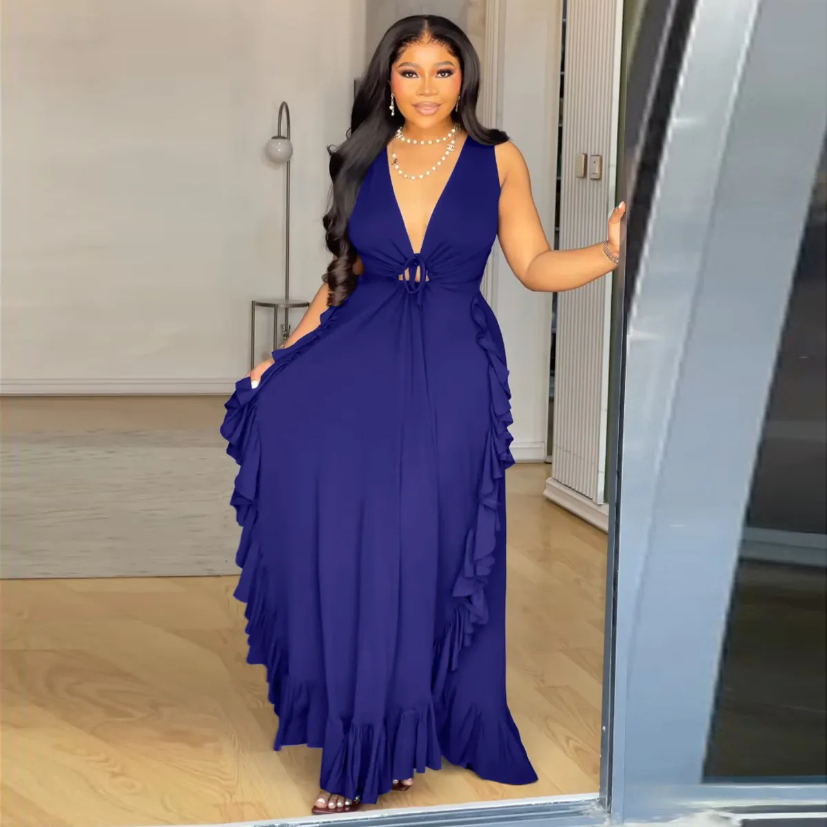 Women Plus Size Sexy Ruffled Sleeveless V-Neck Long Dress