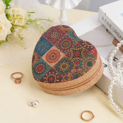 Women Fashion Ethnic Style Heart-Shaped Printed Portable Jewelry Storage Box
