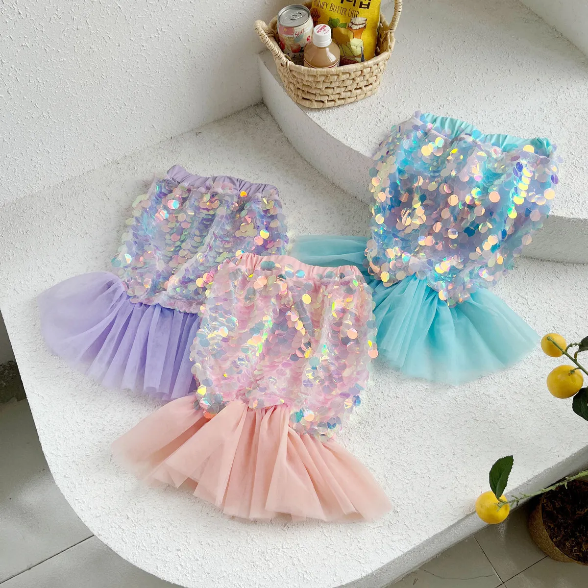 Kids Girl Fashion Cute Mermaid Fishtail Mesh Sequins Chiffon Skirt