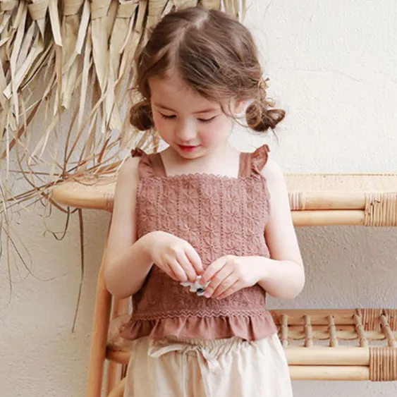 Kids Girls Fashion Solid Color Hollow Embroidered Breathable Cotton Vest Square Collar