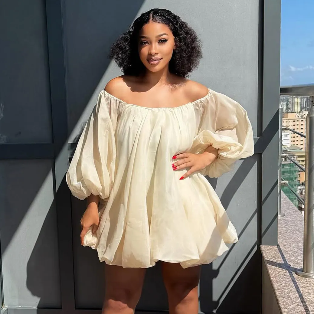 Women Plus Size Off-Shoulder Puff Sleeve Solid Color Dress