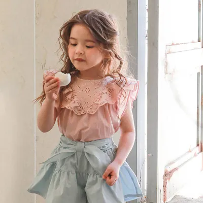 Kids Girls Solid Color Lace V-Neck Cotton Sleeveless Shirt