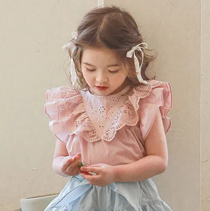 Kids Girls Solid Color Lace V-Neck Cotton Sleeveless Shirt