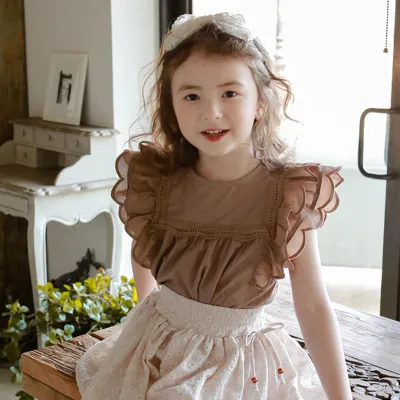 Kids Girl Cute Solid Color Flutter Sleeve T-Shirt 95% Cotton Sleeveless