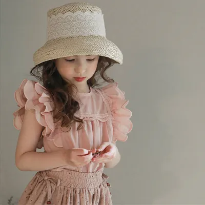 Kids Girl Cute Solid Color Flutter Sleeve T-Shirt 95% Cotton Sleeveless