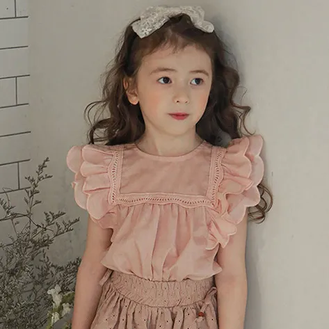 Kids Girl Cute Solid Color Flutter Sleeve T-Shirt 95% Cotton Sleeveless
