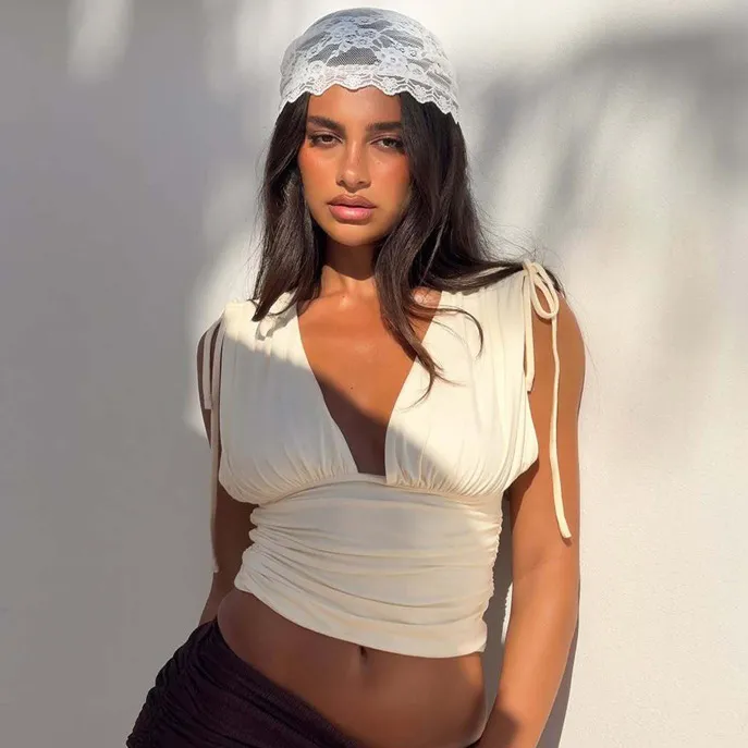 Women Sexy Solid Color Deep V-Wrap Pleated Stitching Lace-Up Crop Top