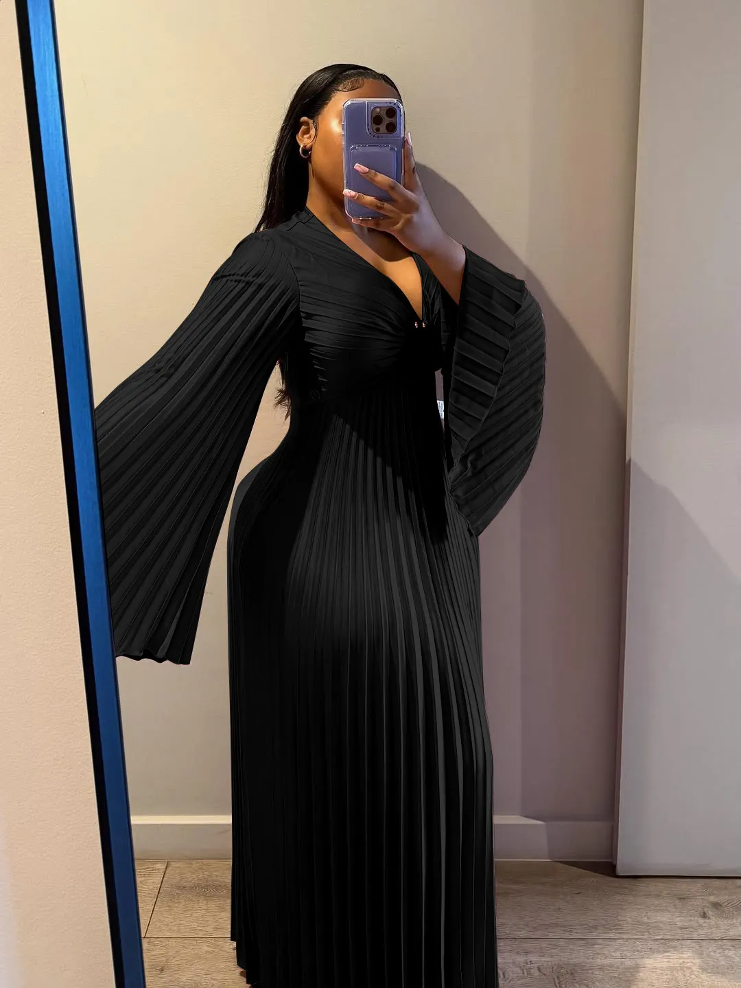 Women Fashion Elegant Plus Size Solid Color V-Neck Pleated Long-Sleeve A-Line Dress