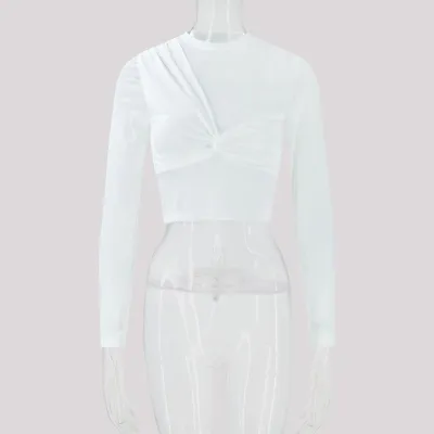 Women Sexy Solid Color Mesh Perspective Long Sleeve Stitching Crop Top