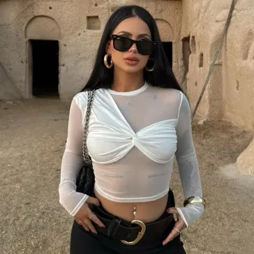 Women Sexy Solid Color Mesh Perspective Long Sleeve Stitching Crop Top