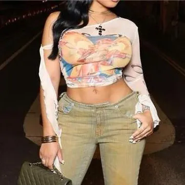 Women Fashion Sexy Digital Printed Irregular Long-Sleeve Slim-Fit Crop Top